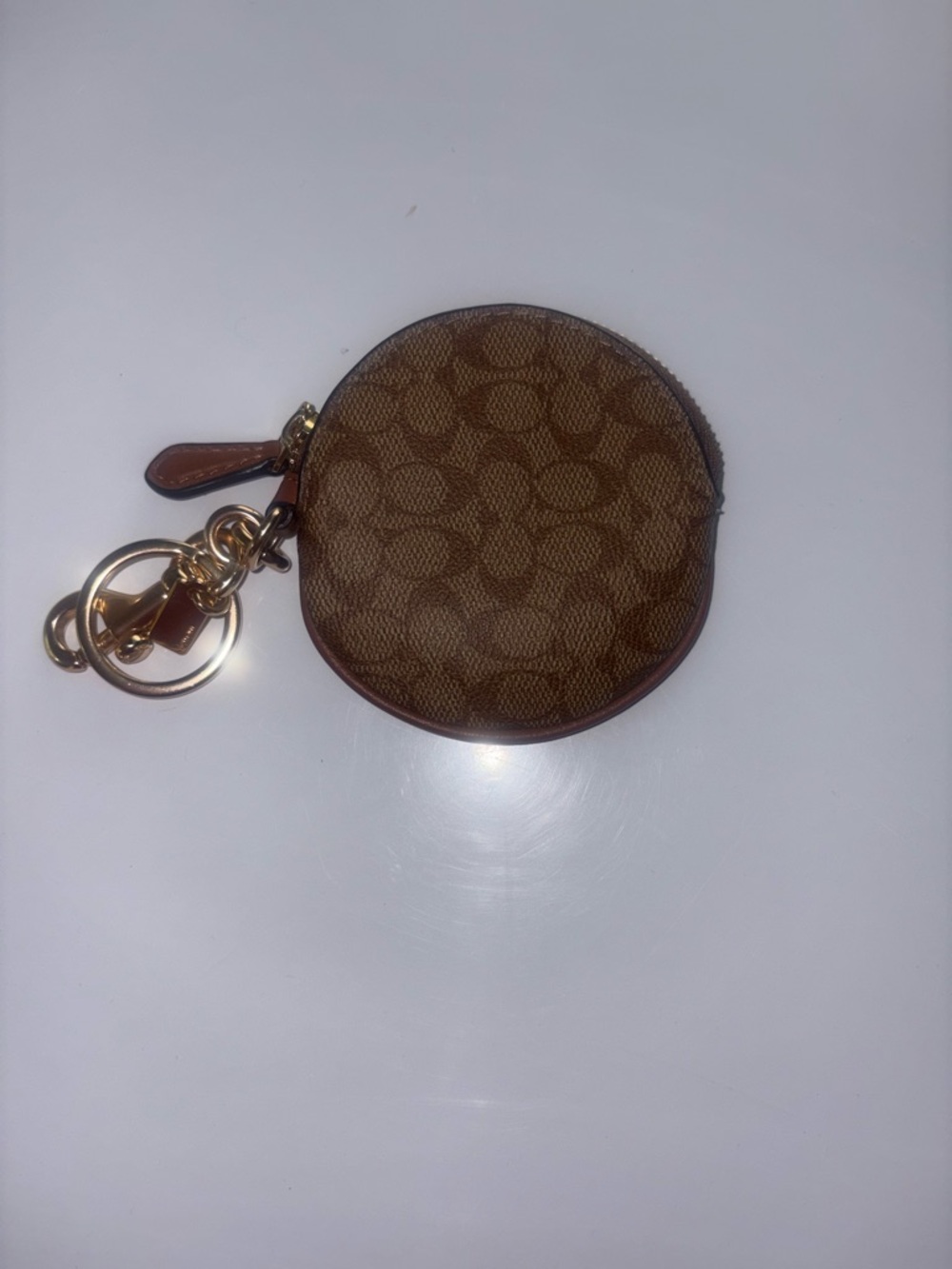 Coach Brown Signature Round Zip Coin Pouch Keyring